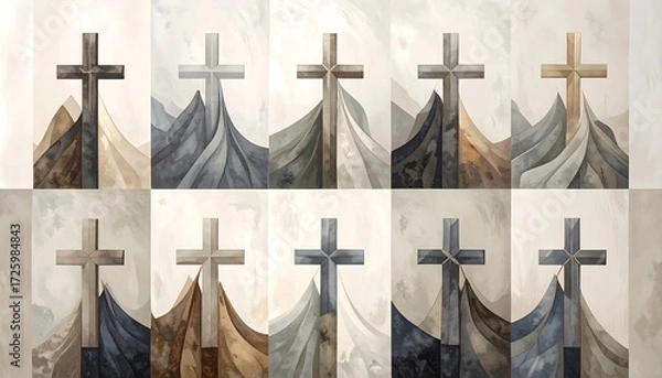 Fototapeta Crosses atop abstract mountains in ten distinct, painterly color variations