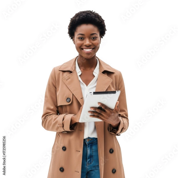 Obraz Smiling young african american woman wearing a stylish tan trench coat holding a tablet computer isolated on transparent background