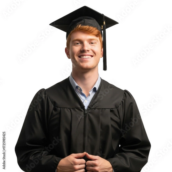 Obraz A young man wearing a graduation cap and gown smiles happily isolated on transparent background