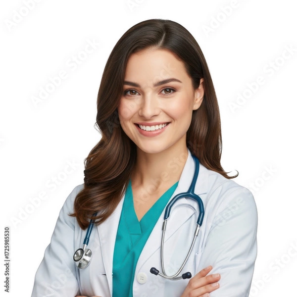 Obraz Smiling young female doctor wearing a white lab coat and teal scrubs with a stethoscope isolated on transparent background