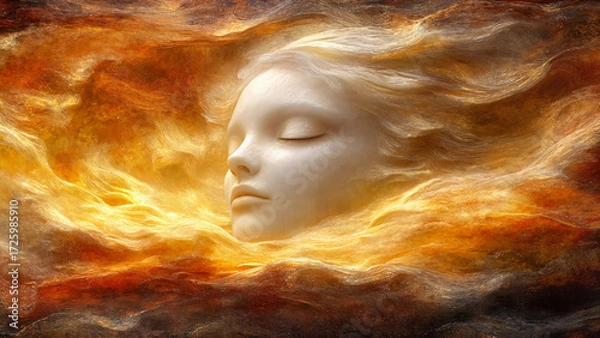 Fototapeta Abstract representation of women's energy with a serene face surrounded by swirls , spiritual retreat campaigns, conceptual editorial illustration, advertising for meditation apps, mystical branding, 