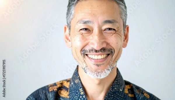 Obraz Smiling mature Asian man with graying hair, wearing patterned kimono, against white backdrop
