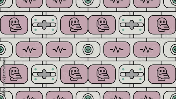 Fototapeta Pattern of stylized icons including hands, waveforms, crosses, and arrows in a grid arrangement