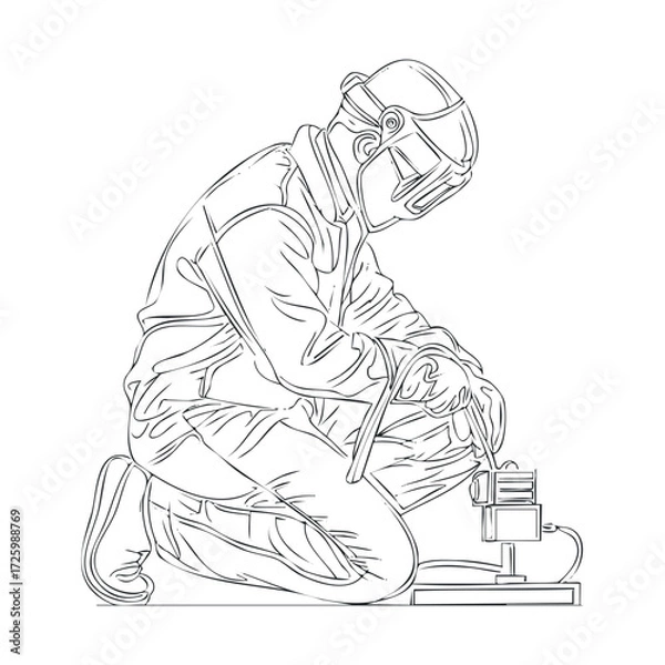 Fototapeta Welder working on metal fabrication in an industrial setting. Vector black icon