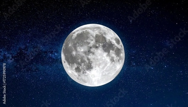 Fototapeta A bright, full moon shines in a dark sky filled with glittering stars and nebulous clouds