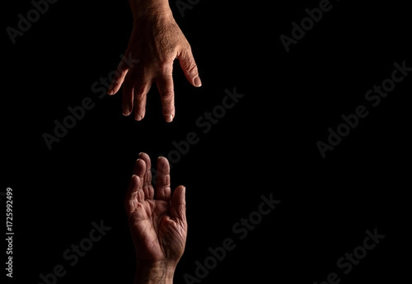 Fototapeta Hand is helping older hand. Help hands holding together representing friendship, partnership, help and hope, donation. Helping old