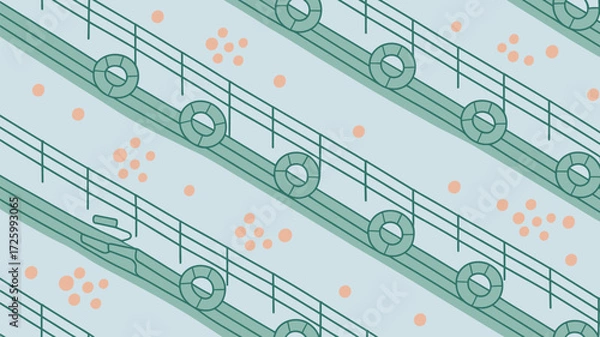 Obraz A repeating pattern of railings with circular elements and orange dots on a light blue background