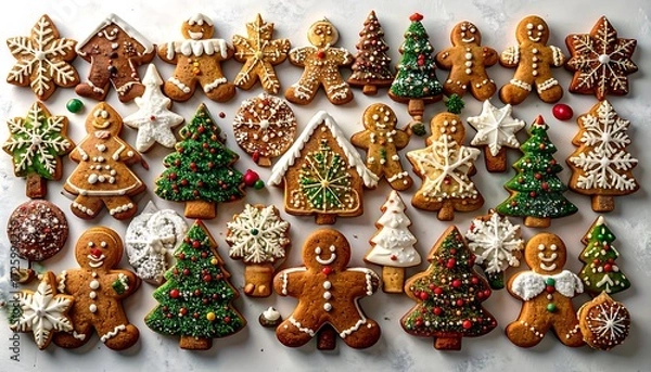 Fototapeta Variety of gingerbread cookies, snowflake, tree, and house shapes on a white background