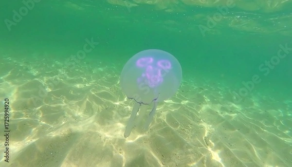 Fototapeta Translucent jellyfish floating in shallow, sun-dappled, clear, greenish water