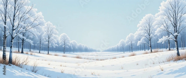 Fototapeta Bright snowy meadow with silver birch trees, soft blue-gray palette, glossy pencil texture, clean header design.