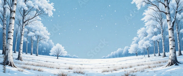Fototapeta Snow-covered meadow framed by birch trees, pale blue and white palette, glossy linework, text space.