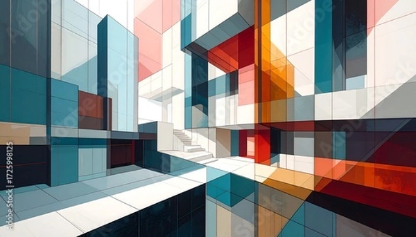 Fototapeta Modern architectural building with blocks of transparent, colorful panes of glass