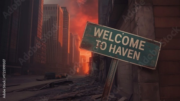 Fototapeta Post-Apocalyptic Cityscape with "Welcome to Haven" Sign
