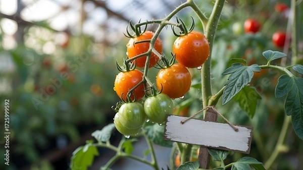 Fototapeta Ripe and Green Tomatoes on Vine with Blank Sign