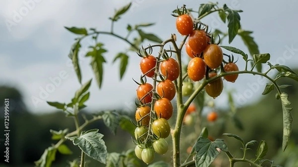 Fototapeta Ripe Cherry Tomatoes on the Vine with Water Droplets