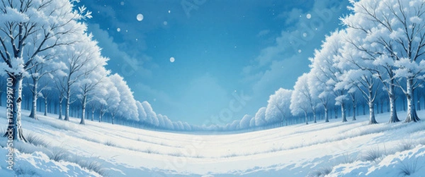 Fototapeta Winter wonderland with snow-covered meadow, frosty birch trees on edges, glossy colored pencil illustration.