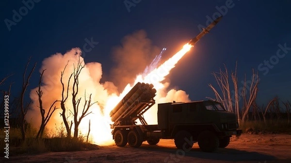 Fototapeta Rocket Launch at Dusk with Fiery Trail and Smoke