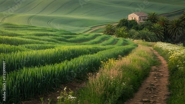 Fototapeta Rolling Green Fields with a Rustic Farmhouse and Dirt Path