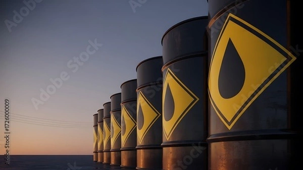 Fototapeta Row of Oil Barrels with Hazard Symbol at Sunset