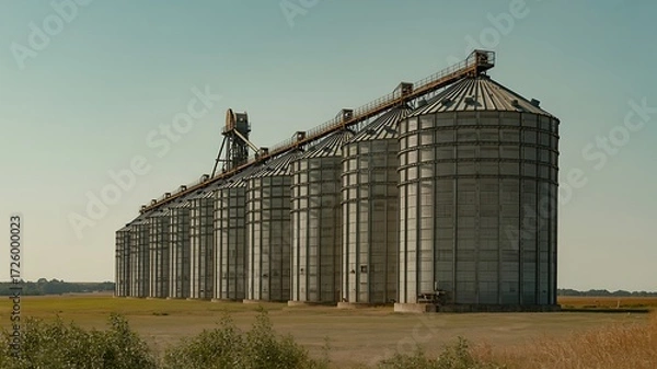 Fototapeta Row of Industrial Grain Silos in a Field