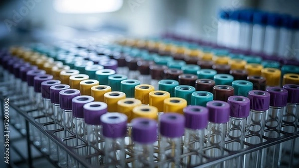 Fototapeta Rows of Colorful Medical Test Tubes in a Lab
