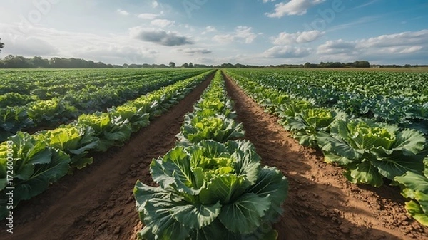 Fototapeta Rows of Fresh Cabbage Under a Cloudy Sky