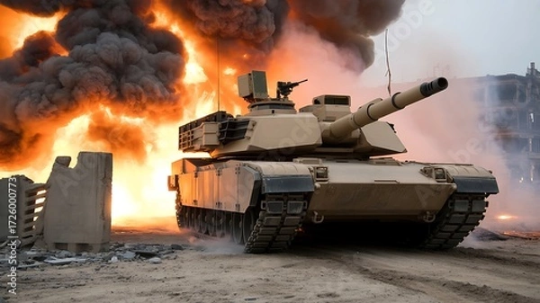 Obraz Tank in a Fiery Battlefield Aftermath