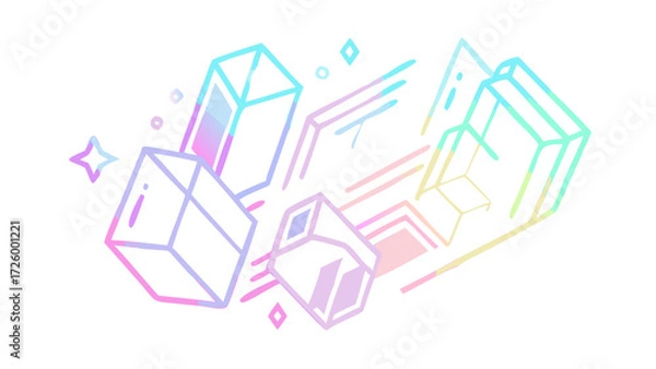 Fototapeta Holographic cube illustration with pastel colors and geometric shapes for modern abstract design concept art