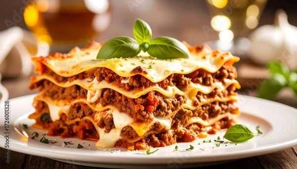 Fototapeta Tall layered lasagna with meat sauce and cheese, garnished with basil on white plate