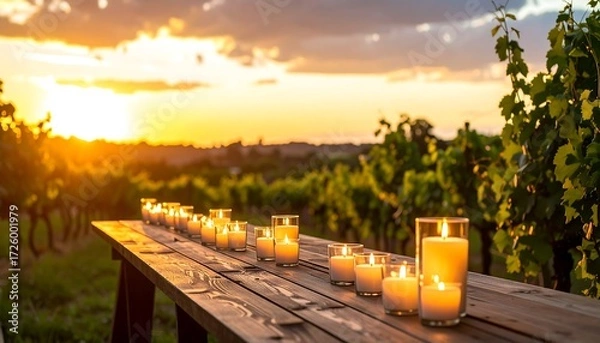 Obraz Candles on a table at sunset, vineyard backdrop