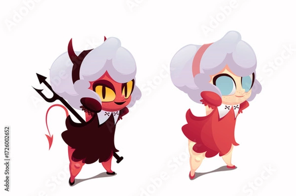 Obraz Charming vector images of a mischievous little demon and a cute angel. This playful duo is perfect for all your Halloween decorations, party invitations, or creative social media posts.


