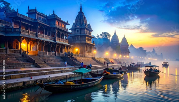 Fototapeta Varanasi Ghats Dawn Mist  . Religion concept. Generated Image