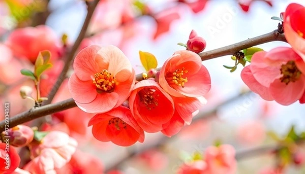 Fototapeta Vibrant red flowers blossom on a branch under a bright, soft, blurred sky backdrop