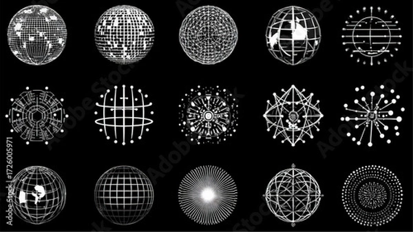 Fototapeta Collection of abstract digital wireframe spheres and globes.