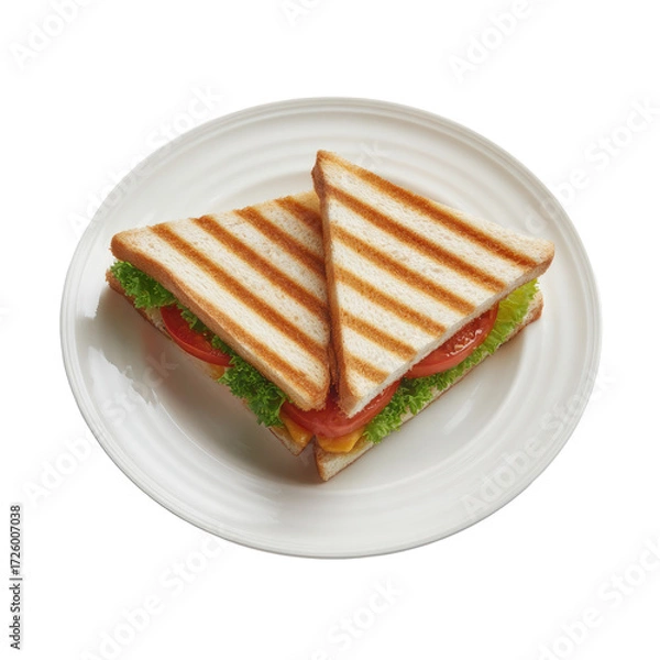Fototapeta Two grilled cheese sandwiches,  topped with tomato and lettuce, on a white plate