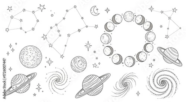 Fototapeta Hand drawn set of celestial elements: delicate constellations, phases of the moon, whimsical planets, stars and galaxies. Ethereal and magical line art design