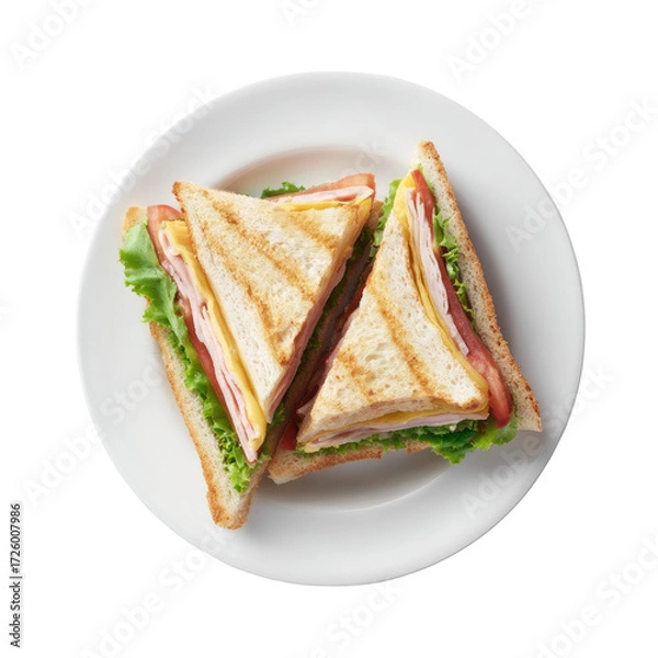 Fototapeta Two triangular club sandwiches on a white plate