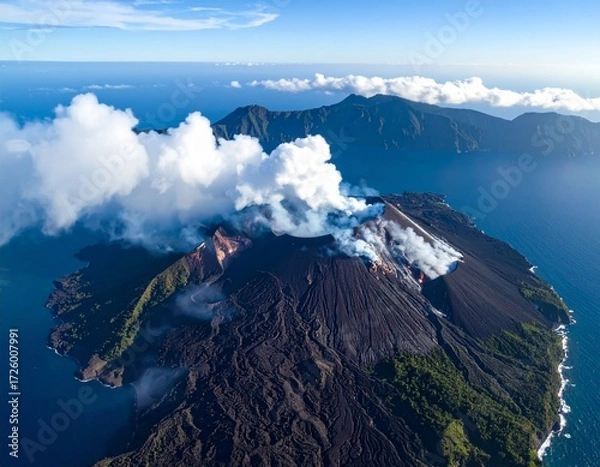 Fototapeta volcano islet, aerial view AI generated