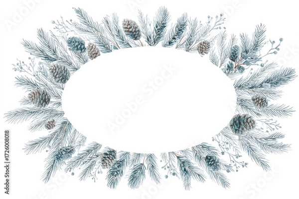 Fototapeta Festive winter wreath illustration featuring pine branches and cones, designed with an elegant oval shape, perfect for holiday greetings and seasonal decorations
