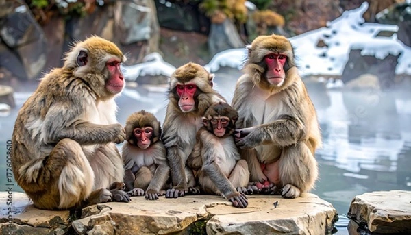 Obraz Japanese Macaque Family Relaxing by Hot Spring in Winter