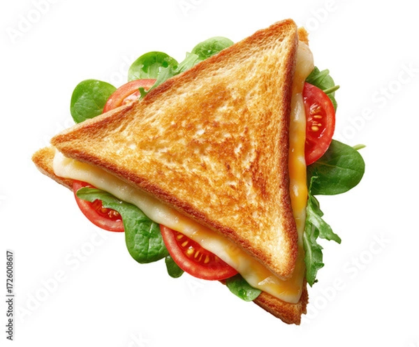 Fototapeta Close-up of a golden-brown, triangular grilled cheese sandwich. Topped with melted cheese, sliced tomatoes, and spinach leaves
