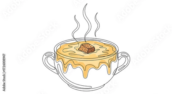 Fototapeta Minimalist one-line art illustration of a bowl of French onion soup, with detailed steam rising and a cheesy crust with a crispy crouton. Hand-drawn style, clean outline, vector design for a culinary 