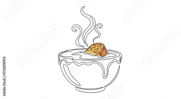 Fototapeta Minimalist one-line art illustration of a bowl of French onion soup, with detailed steam rising and a cheesy crust with a crispy crouton. Hand-drawn style, clean outline, vector design for a culinary 