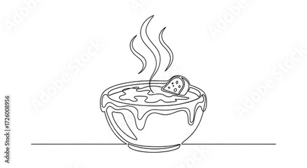Fototapeta Minimalist one-line art illustration of a bowl of French onion soup, with detailed steam rising and a cheesy crust with a crispy crouton. Hand-drawn style, clean outline, vector design for a culinary 