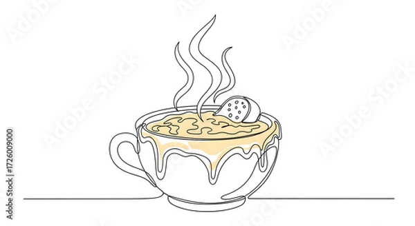Fototapeta Minimalist one-line art illustration of a bowl of French onion soup, with detailed steam rising and a cheesy crust with a crispy crouton. Hand-drawn style, clean outline, vector design for a culinary 