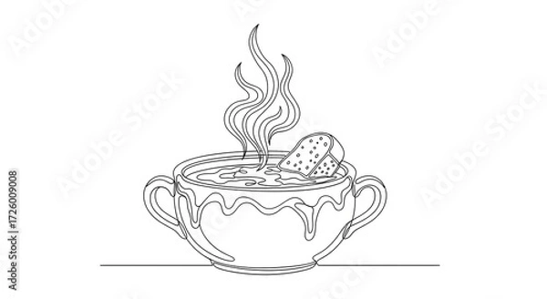 Fototapeta Minimalist one-line art illustration of a bowl of French onion soup, with detailed steam rising and a cheesy crust with a crispy crouton. Hand-drawn style, clean outline, vector design for a culinary 
