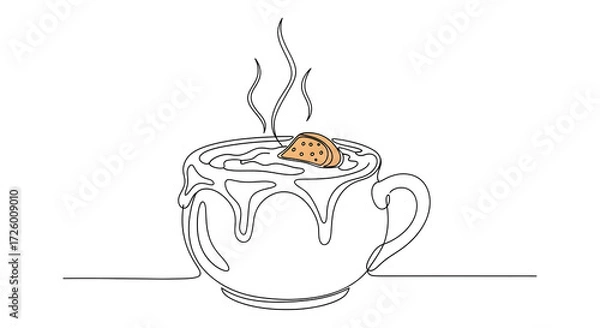 Fototapeta Minimalist one-line art illustration of a bowl of French onion soup, with detailed steam rising and a cheesy crust with a crispy crouton. Hand-drawn style, clean outline, vector design for a culinary 