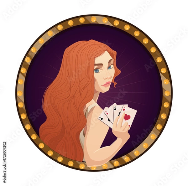 Obraz A charming round vector illustration of a red-haired girl thoughtfully holding playing cards. This whimsical graphic is perfect for gaming projects and creative social media posts.