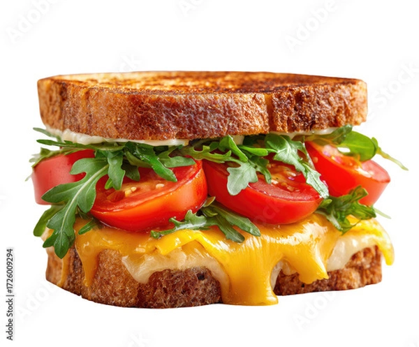 Fototapeta Grilled cheese sandwich with melted cheese, sliced tomatoes, and arugula.  Melted cheese drips down the sides of the toasted bread