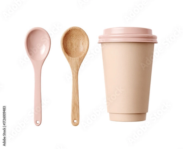 Fototapeta A pastel pink coffee cup with a lid and two matching spoons, one ceramic and one wooden
